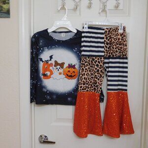 NEW 2pc Boutique Halloween Ghost Pumpkin Top & Sequin Trim Pants Set sz 7